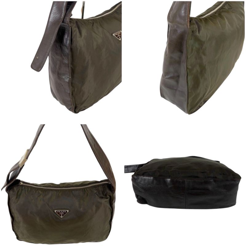 Prada Triangle Logo One Shoulder Bag Hobo Soho Tessuto Nylon Nappaleather Dark