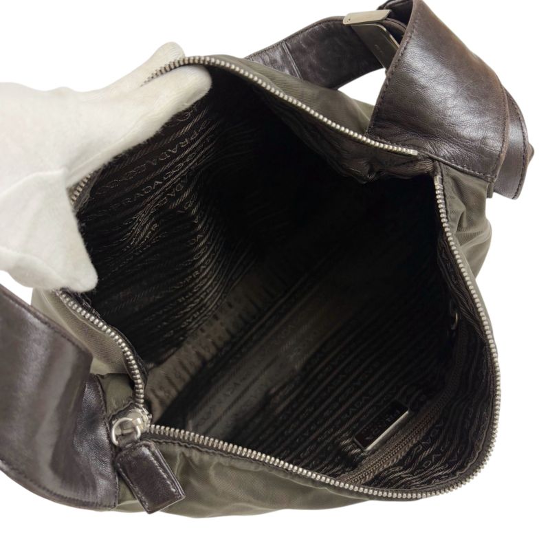 Prada Triangle Logo One Shoulder Bag Hobo Soho Tessuto Nylon Nappaleather Dark