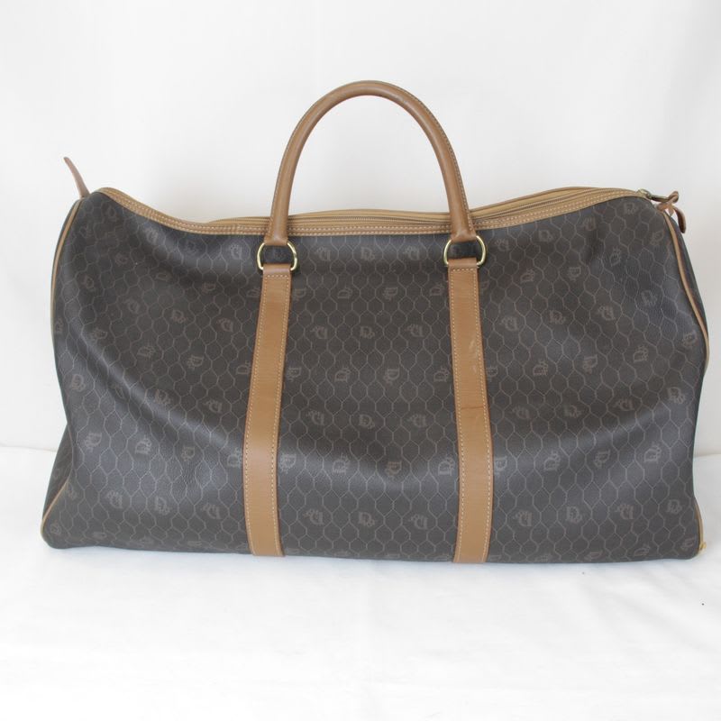 Christian Dior Honeycomb Boston Bag Canvas Leather Unisex Brown Travel