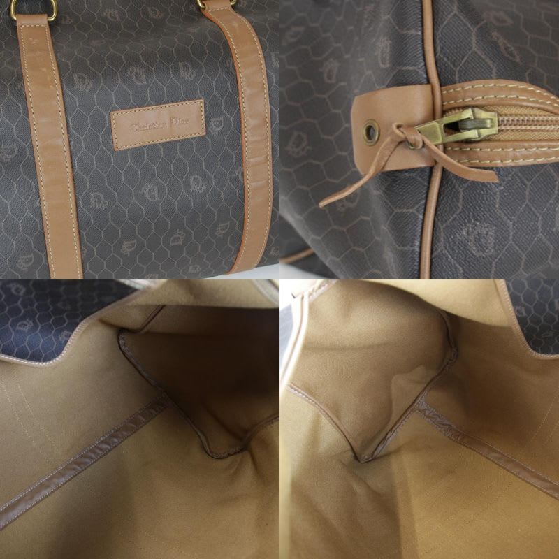 Christian Dior Honeycomb Boston Bag Canvas Leather Unisex Brown Travel