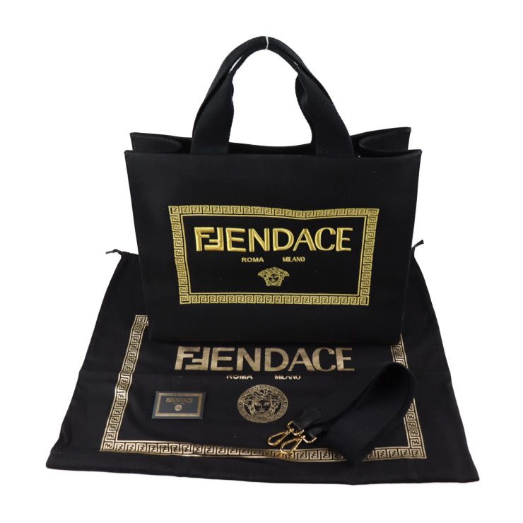 Fendi Tote Bag 7 Va558 Canvas Black Gold Fendace Versace Collaboration 2-Way