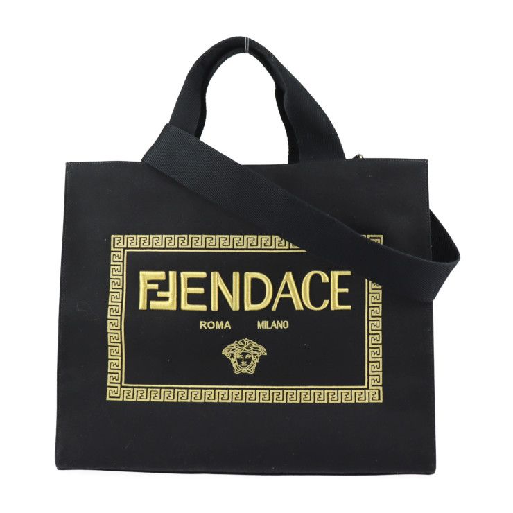 Fendi Tote Bag 7 Va558 Canvas Black Gold Fendace Versace Collaboration 2-Way