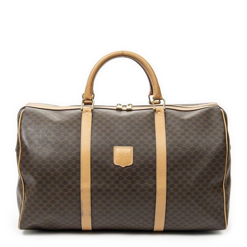 Celine Vintage Large Travel Boston Brown Tan Macadam PVC Canvas