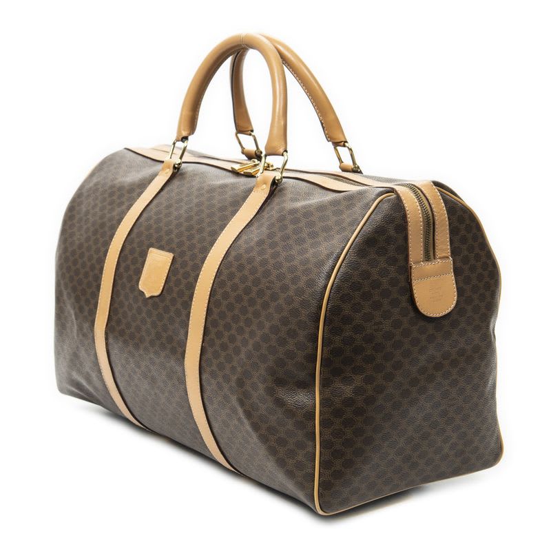 Celine Vintage Large Travel Boston Brown Tan Macadam PVC Canvas