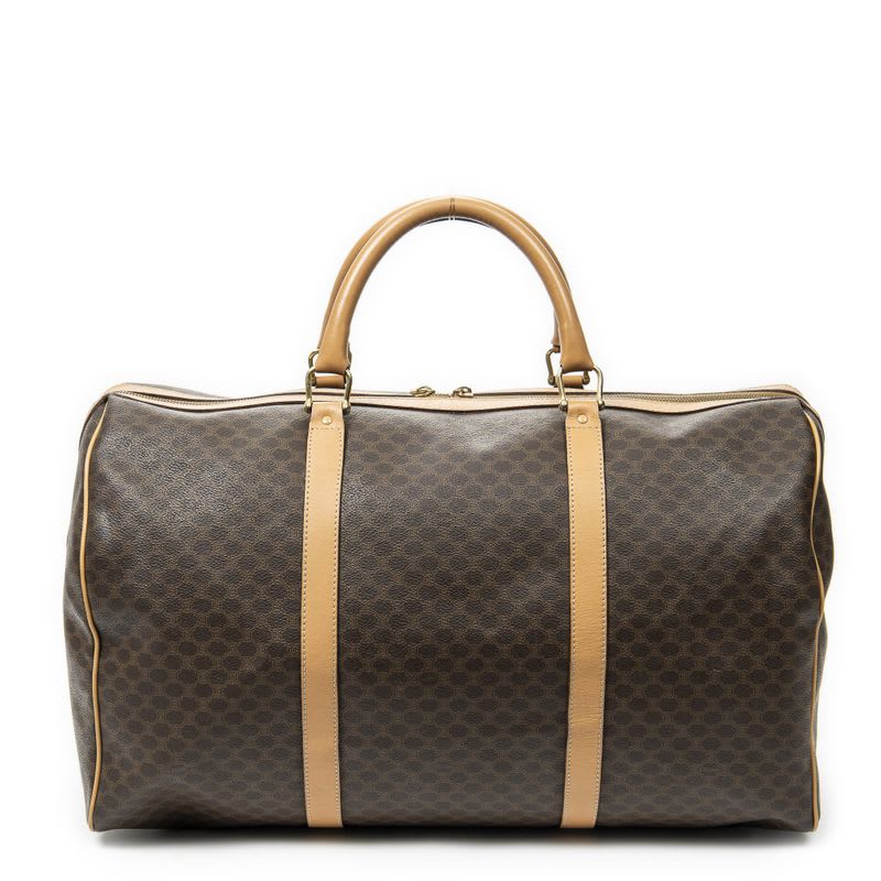 Celine Vintage Large Travel Boston Brown Tan Macadam PVC Canvas