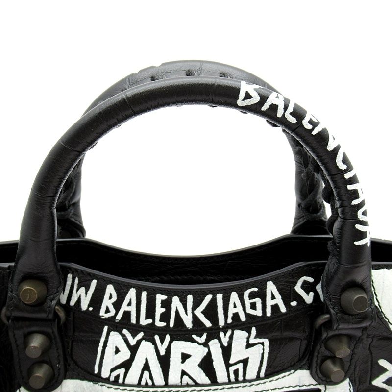 Balenciaga Classic Mini City Graffiti Leather Handbag Black