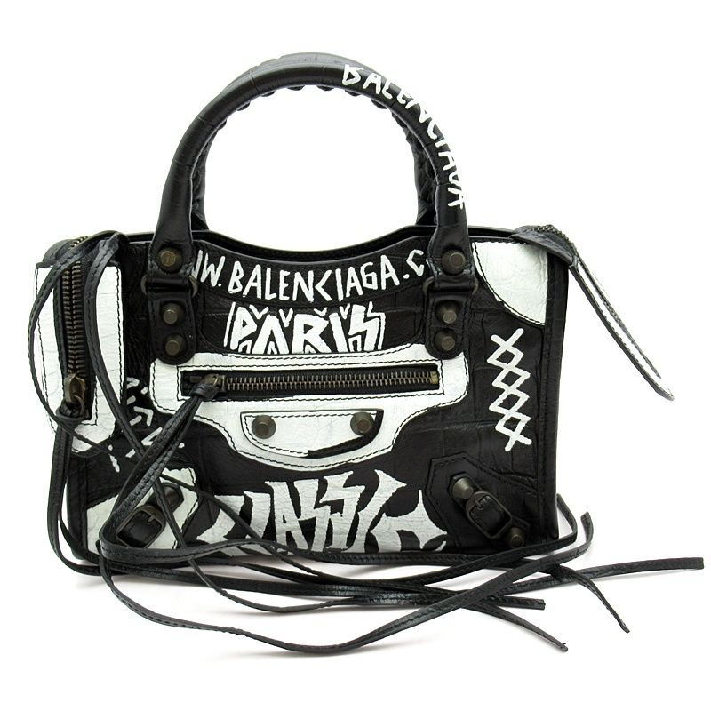 Balenciaga Classic Mini City Graffiti Leather Handbag Black