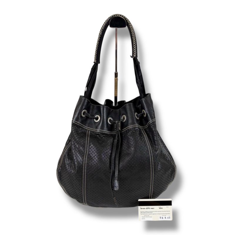 Prada Drawstring Shape One Shoulder Bag Hobo Punching Leather Black Nero