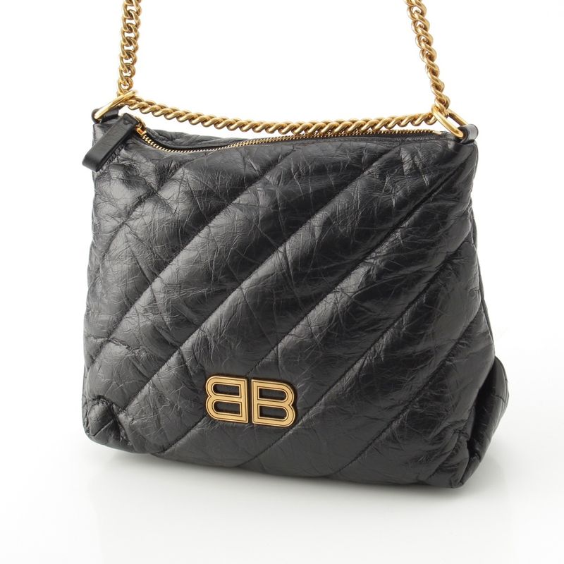 Balenciaga Crush Leather Small Quilted Hobo Chain Shoulder Bag Black