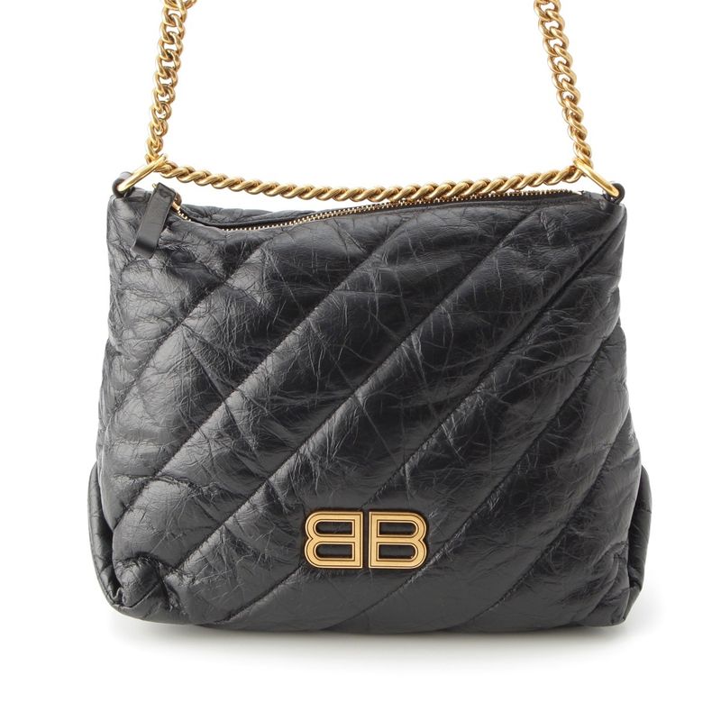 Balenciaga Crush Leather Small Quilted Hobo Chain Shoulder Bag Black