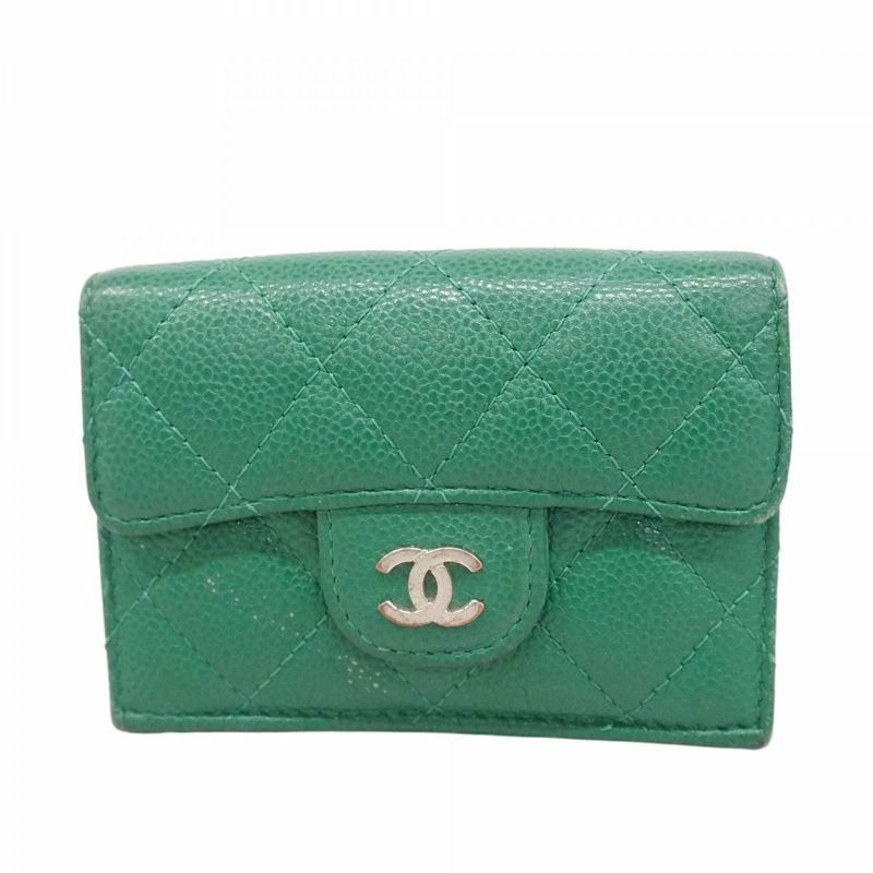 Chanel Trifold Wallet Quilted Caviar Leather Green Silver
