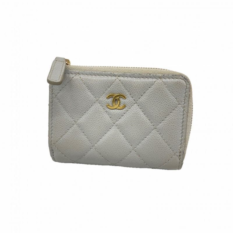 Chanel Trifold Wallet Quilted Caviar Leather Gray Champagne Gold