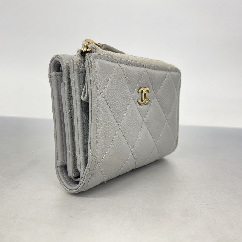 Chanel Trifold Wallet Quilted Caviar Leather Gray Champagne Gold