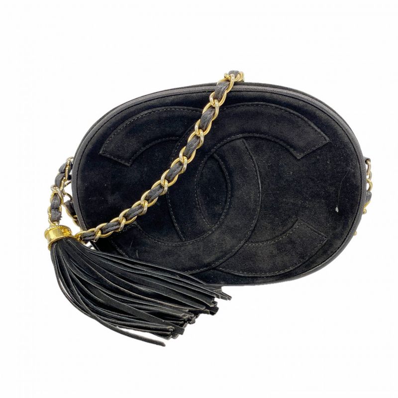 Chanel Shoulder Bag Suede Black Gold