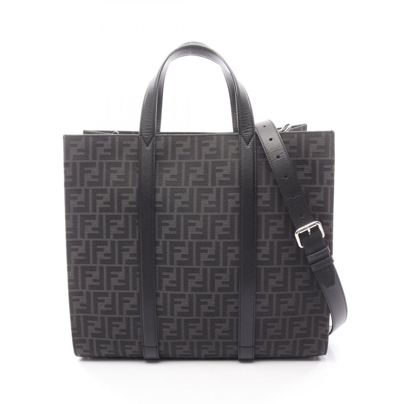 Fendi Tote FF Jacquard Black Gray Canvas Leather