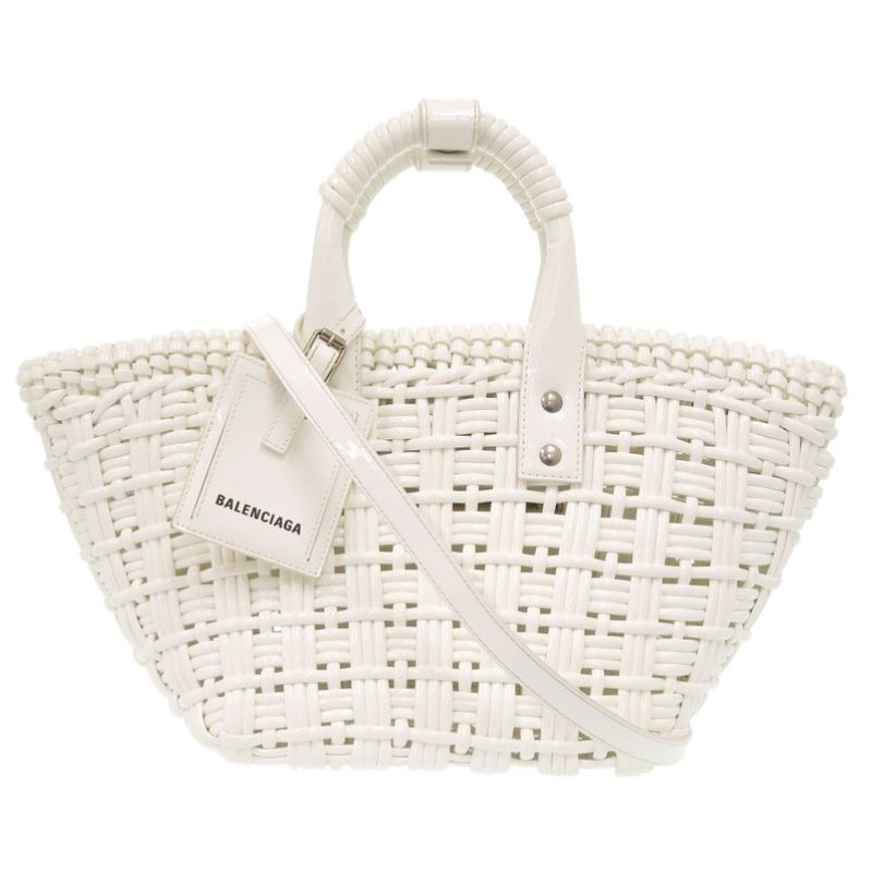 Balenciaga 2-Way Bistro XS Patent Leather White Handbag Basket Bag