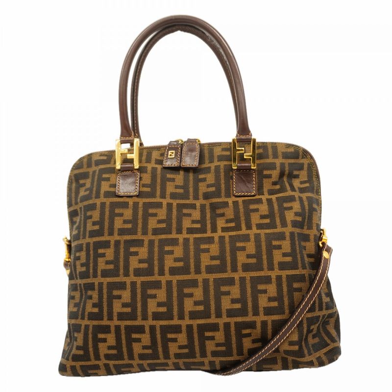 Fendi Handbag Zucca Nylon Canvas Brown Gold 2-Way Bag