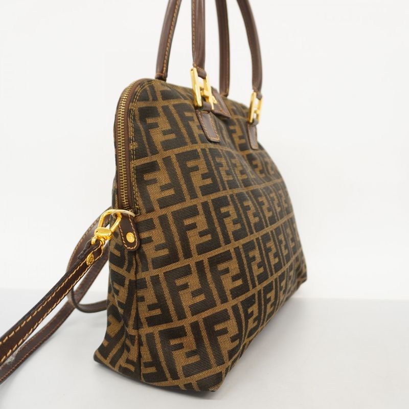 Fendi Handbag Zucca Nylon Canvas Brown Gold 2-Way Bag