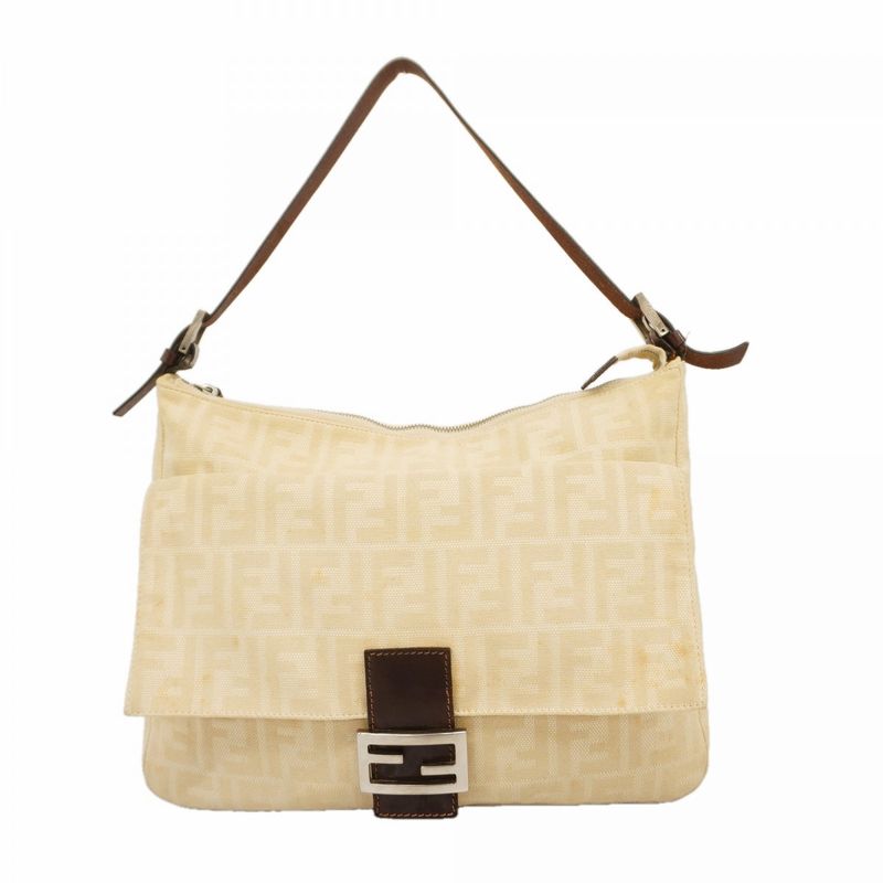 Fendi Shoulder Bag Zucca Canvas Beige Brown Silver