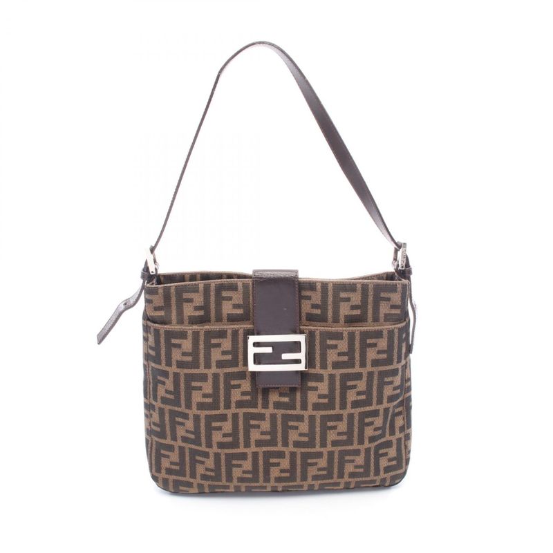 Fendi Shoulder Bag Zucca Black Brown Canvas Leather