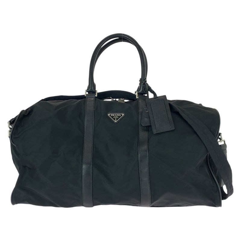 Prada Tessuto Saffiano Black Silver Nylon Leather Boston Bag Travel