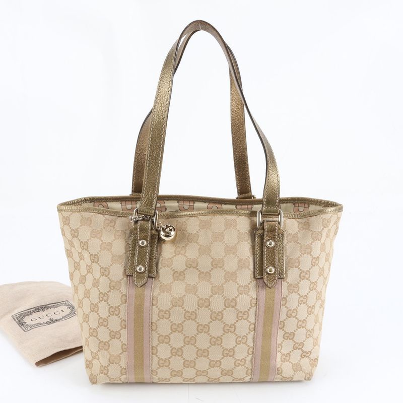 Gucci GG Canvas with Charm Leather Tote Shoulder Hand Beige
