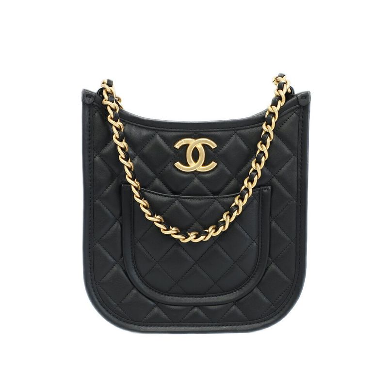 Chanel Hobo Shoulder Bag Black Gold Quilted Lambskin Coco