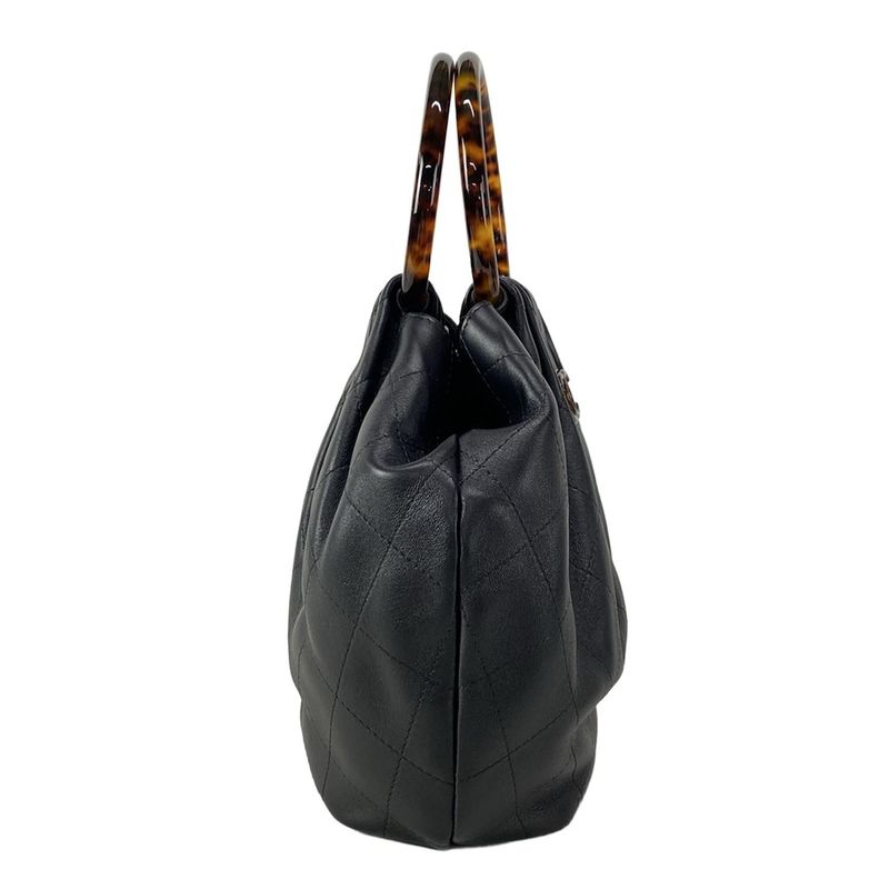 Chanel Handbag Quilted Hobo Black Light Brown Dark Lambskin