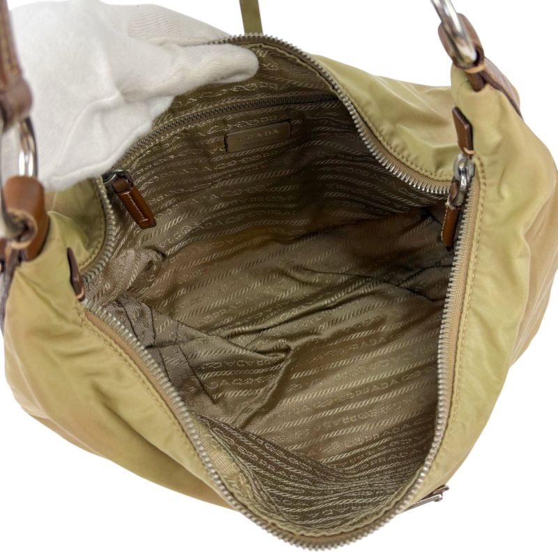 Prada One Shoulder Bag Triangle Logo Hobo Soho Khaki Brown Tessuto Nylon