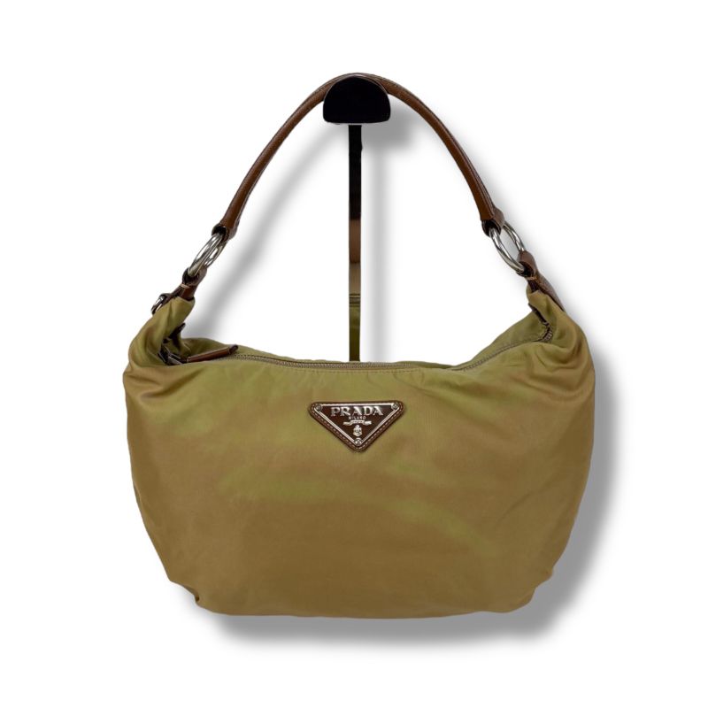 Prada One Shoulder Bag Triangle Logo Hobo Soho Khaki Brown Tessuto Nylon
