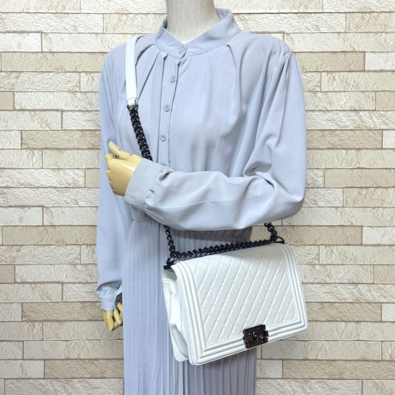 Chanel Boy Shoulder Bag Leather White Ladies