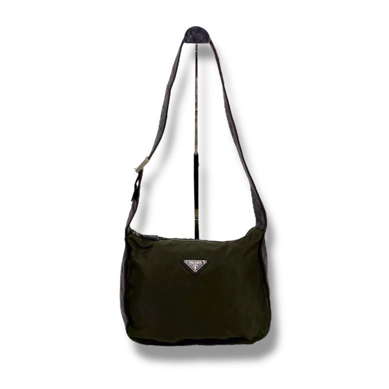 Prada One Shoulder Bag Leather Tessuto Nylon Triangle Logo Khaki Brown Hobo Soho