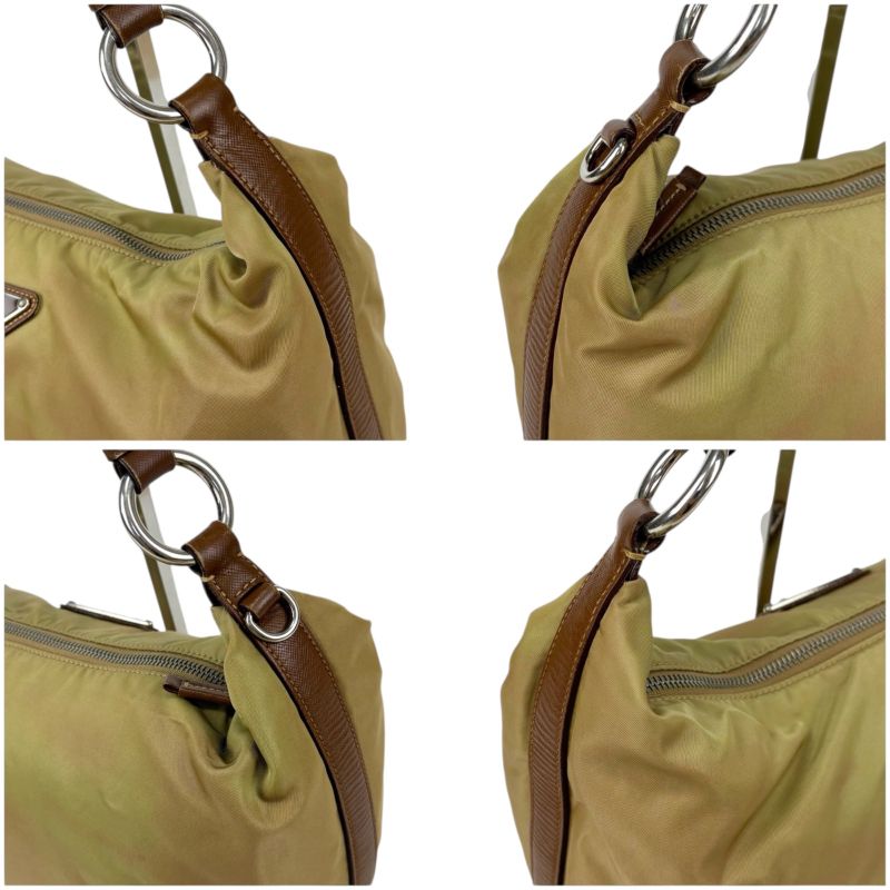 Prada One Shoulder Bag Triangle Logo Hobo Soho Khaki Brown Tessuto Nylon