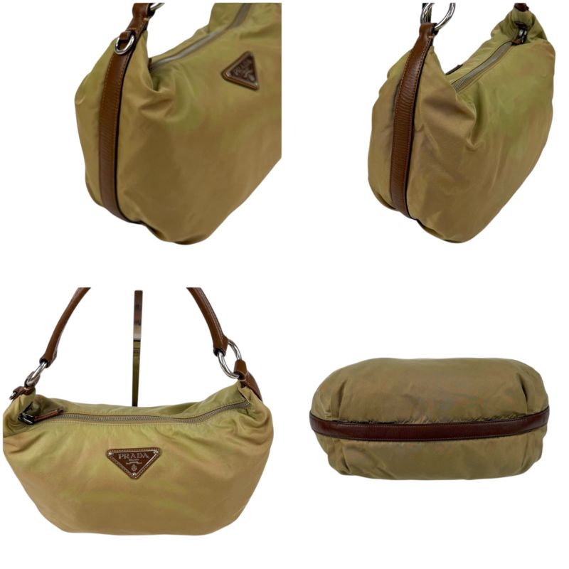 Prada One Shoulder Bag Triangle Logo Hobo Soho Khaki Brown Tessuto Nylon